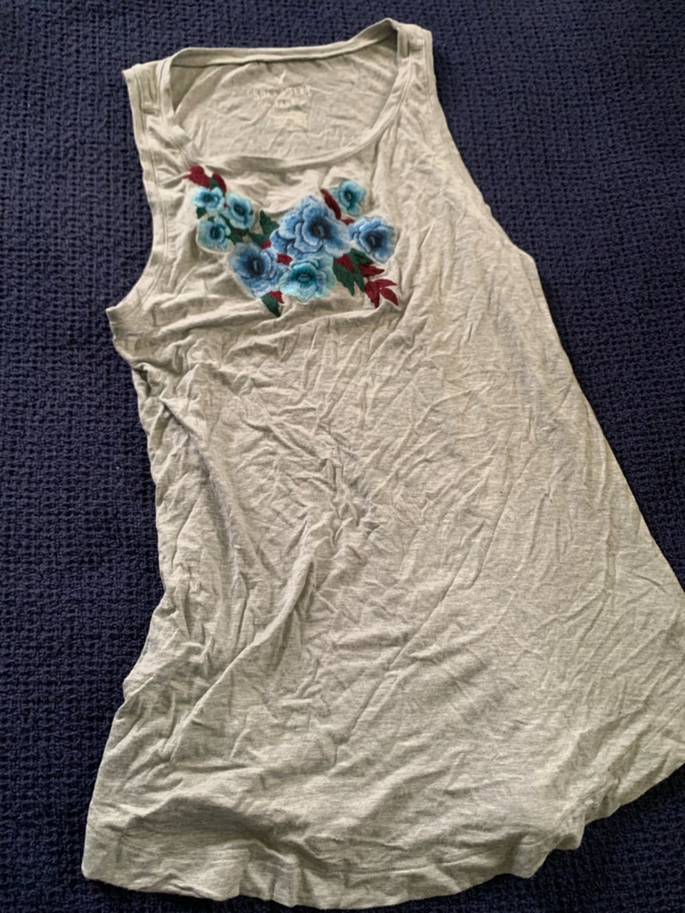 Women's soft n sexy AE Gray Tank Top with Blue Floral Embroidery